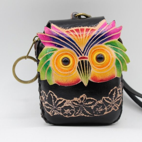 Coin Purse Leather OWL Coloful Wristlet Keychain Zipper Pouch Wallet - Picture 2 of 2